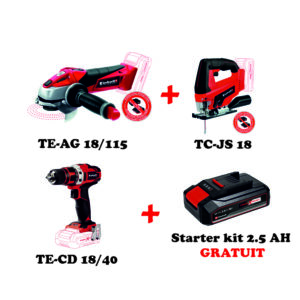 Pachet Einhell TE-AG 18/115, TC-JS 18, TE-CD 18/40 + Starter kit 2.5 AH GRATUIT