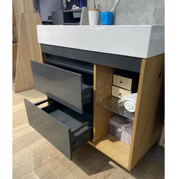Mobilier de baie alb / negru / stejar 80 cm Premium Trinidad + lavoar - imagine 2
