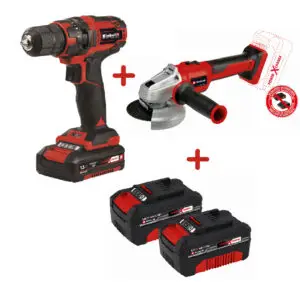 Pachet Einhell Masina de gaurit / surubelnita fara fir TC-CD 18/35 Li (1x1,5 Ah) + Polizor unghiular fara fir PXC AXXIO 18/125 Q + PXC-Twinpack CB 2 2 x 18V 4.0 Ah PXC, acumulatori 2x18 V, 4 Ah, putere max. 900 W