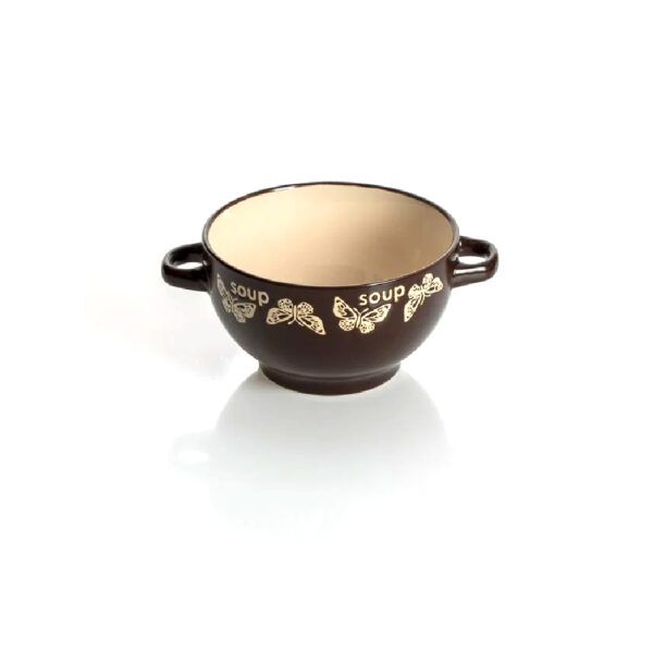 Bol supa ceramic maro/bej model fluturi 14 cm - 650 ml