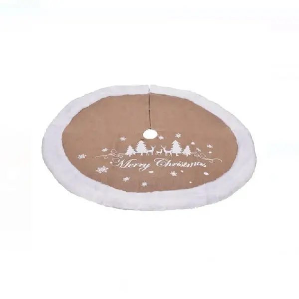 Covoras pentru brad de Craciun bej/iuta/blana alba "Merry Christmas" 90 cm