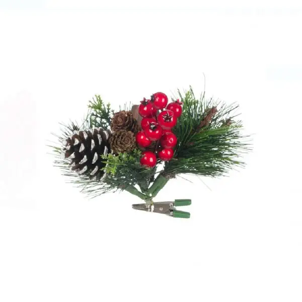 Decoratiune Craciun crenguta de pin rdie/pomusoare 15 cm