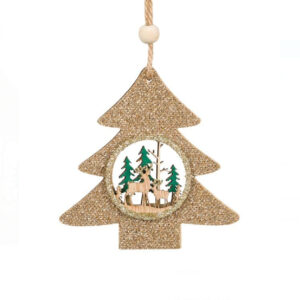 Decoratiune Craciun din lemn brad cu sclipici - 9 cm