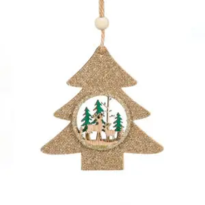 Decoratiune Craciun din lemn brad cu sclipici - 9 cm