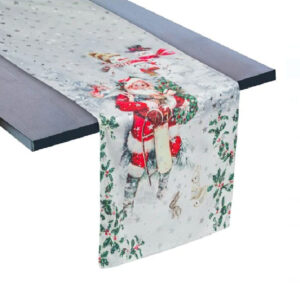 Napron decorativ de Craciun gri/Mos Craciun/stele argintii din folie 160x33 cm