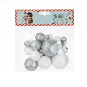 Set globuri decorative din spuma albe/argintii cu sclipici de Craciun - 20 g
