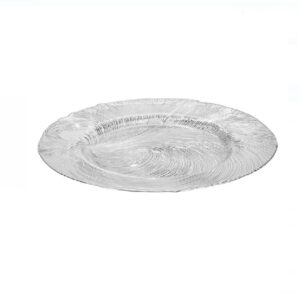Platou decorativ rotund de Craciun din sticla argintiu model reliefat - 33 cm