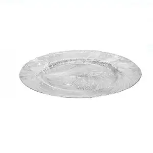 Platou decorativ rotund de Craciun din sticla argintiu model reliefat - 33 cm
