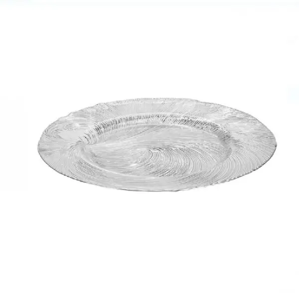 Platou decorativ rotund de Craciun din sticla argintiu model reliefat - 33 cm