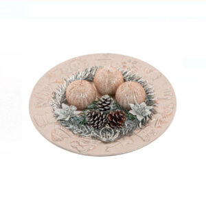 Platou decorativ Craciun + 3 lumanari, conuri argintii - 24 cm