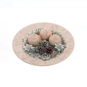 Platou decorativ Craciun + 3 lumanari, conuri argintii - 24 cm