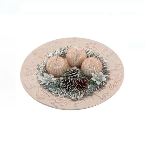 Platou decorativ Craciun + 3 lumanari, conuri argintii - 24 cm