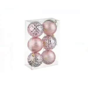 Set globuri de Craciun roz aurii cu dubga alba si romburi glitter - 8 cm/6 buc