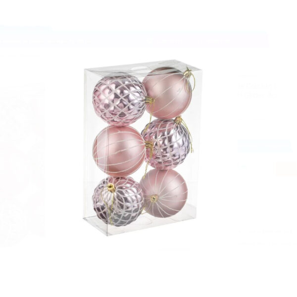 Set globuri de Craciun roz aurii cu dubga alba si romburi glitter - 8 cm/6 buc