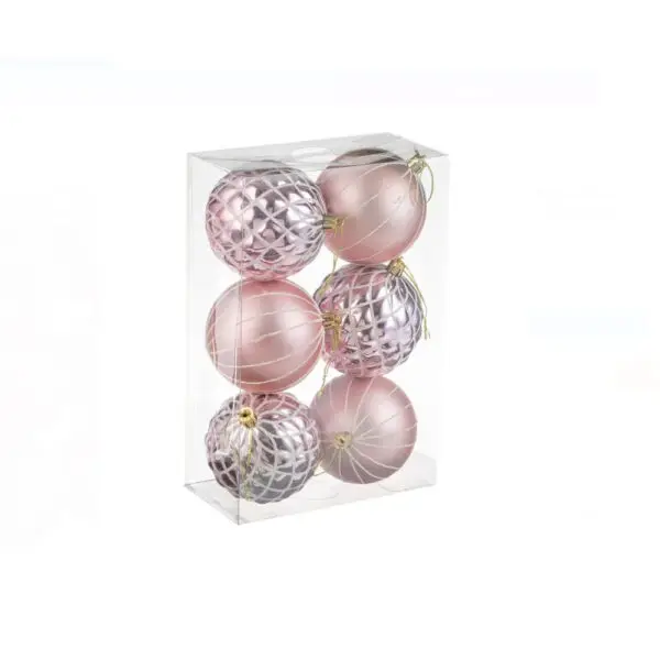 Set globuri de Craciun roz aurii cu dubga alba si romburi glitter - 8 cm/6 buc