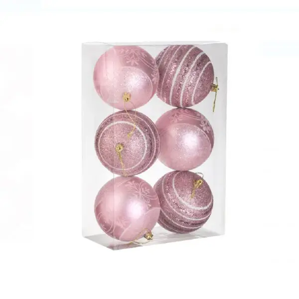 Set globuri Craciun roz cu sclipici - 10 cm - 6 buc