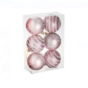Set globuri Craciun roz mat lucioase cu dungi cu sclipici 6 cm - 6 buc