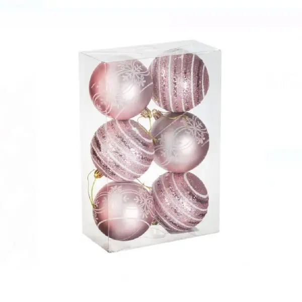Set globuri Craciun roz mat lucioase cu dungi cu sclipici 6 cm - 6 buc