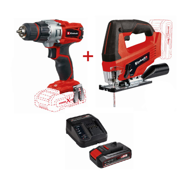 Pachet Einhell masina de gaurit TE-CD 18/2 Li-Solo + ferastrau PXC TC-JS 18 Li-Solo + PXC-Starter-Kit 2,5 Ah