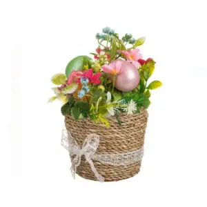 Ghiveci decorativ de Paste cu flori/oua 11x20 cm / Ghiveci roz de Paste cu flori 28 cm