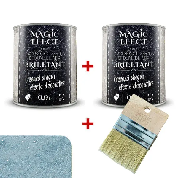 Pachet vopsea decorativa Magic Efect Brilliant 0.9 L 1+1 gratuit + pensula - C09 albastru menta cu efect de dune cu glitter