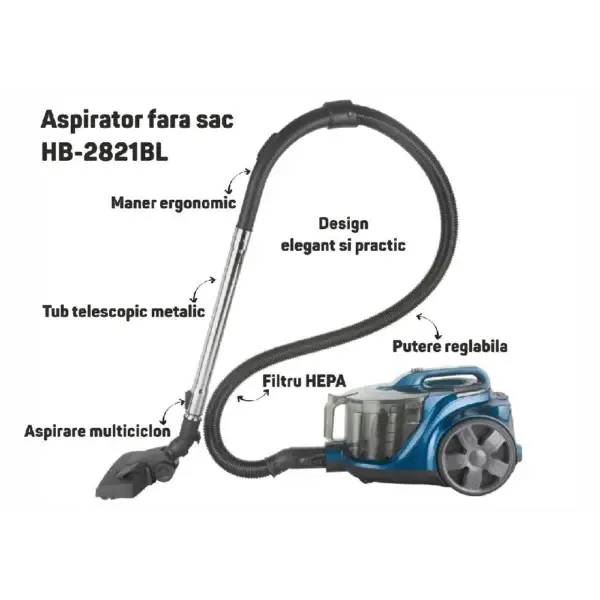Aspirator fara sac HB-2821BL, 1200-1800W, aspirare uscata, capacitate 3 litri, filtru HEPA, control viteza, derulator automat cablu - imagine 3