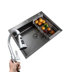 Set chiuveta de bucatarie, culoare inox, baterie extractabila, cos scurgere vase, dozator detergent, 60x45 cm