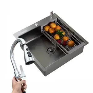 Set chiuveta de bucatarie, culoare inox, baterie extractabila, cos scurgere vase, dozator detergent, 50×50 cm