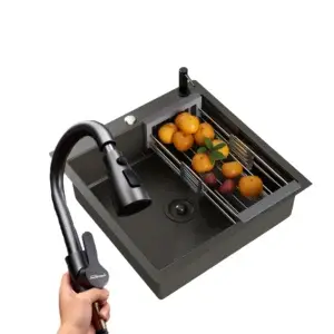 Set chiuveta de bucatarie, culoare inox negru, baterie extractabila, cos scurgere vase, dozator detergent, 50×50 cm