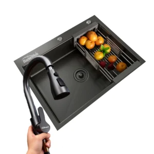 Set chiuveta de bucatarie, culoare inox negru, baterie extractabila, cos scurgere vase, dozator detergent, 60x45 cm