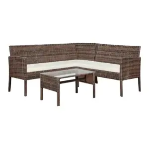 Set mobilier de grădină Fariel, colțar cu masă, ratan artificial maro/bej, 2 piese
