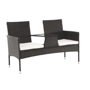 Banca de gradina cu masuta si perne LALIT, 2 locuri, ratan artificial maro/crem, 125x48x87 cm