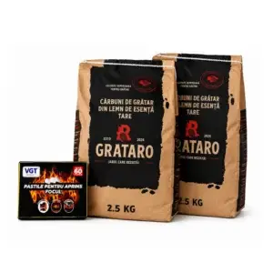 Pachet cărbuni pentru grătar 2 saci x 2,5 kg + pastile pentru aprins focul, cărbune Natural din Fag, stejar și carpen