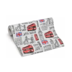 Tapet copii London cu autobuze și Big Ben, Rasch Kids Club 781908, Vlies, 10,05 x 0,53 m