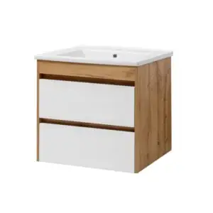 Mobilier de baie suspendat Venera cu lavoar Trio 85 cm, Alb Lucios / Stejar