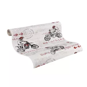 Tapet copii cu motociclete, alb-gri-roșu, AS Creation Boys & Girls 935505, 10 x 0,53 m