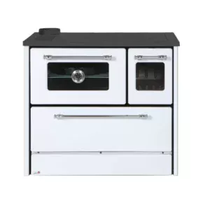 Sobă de gătit și încălzit OMEGA albă, cu plită și cuptor, focar din fontă, 9 kW, evacuare stânga