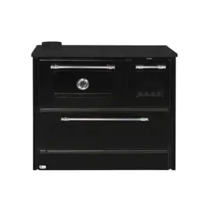 Sobă de gătit și încălzit OMEGA neagră, cu plită și cuptor, focar din fontă, 9,1 kW, evacuare stânga