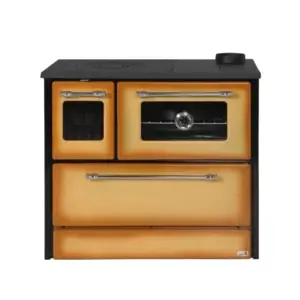 Sobă de gătit și încălzit OMEGA crem, cu plită și cuptor, focar din fontă, 9 kW, evacuare dreapta