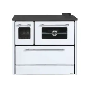 Sobă de gătit și încălzit OMEGA albă, cu plită și cuptor, focar din fontă, 9 kW, evacuare dreapta