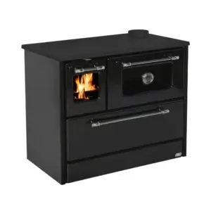 Sobă de gătit și încălzit OMEGA neagră, cu plită și cuptor, focar din fontă, 9,1 kW, evacuare dreapta