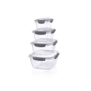 Set 4 cutii pătrate etanșe pentru alimente 500 – 900 – 1500 – 2400 ml, cu capac cu garnitură, QS142
